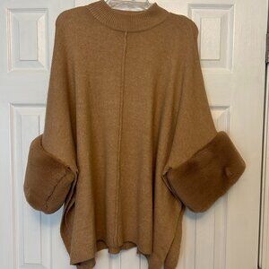 Boston Proper Beige Poncho  Size M/L with Fur Trim sleeves